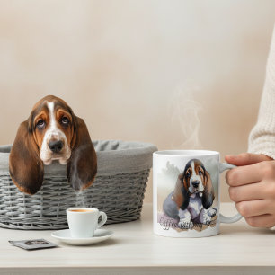 Caneca De Café Preto e Marrom ''Basset Filhote Personalize