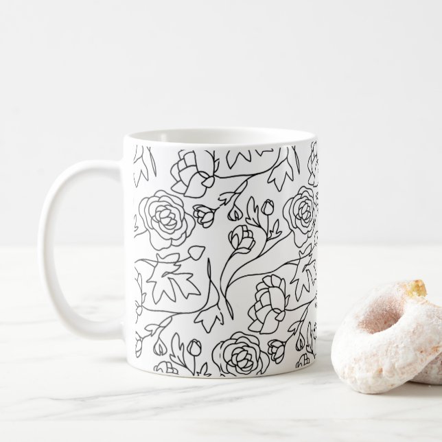 Caneca De Café Preto Floral de Arte Moderna (Com Donut)