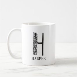 Caneca De Café Preto Floral Moderno e Branco Inicial