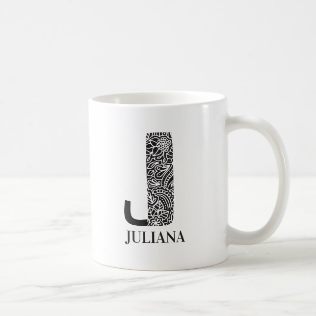Caneca De Café Preto Moderno e Branco Inicial J e Nome (Direita)