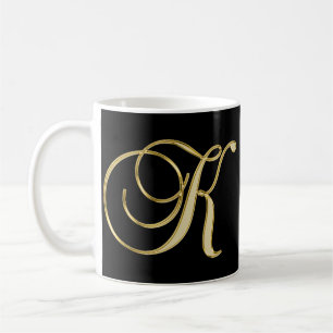 Caneca De Café Preto Monogrammed inicial elegante do ouro da