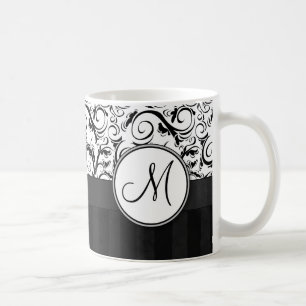 Caneca De Café Preto nos Wisps, nas listras & no monograma