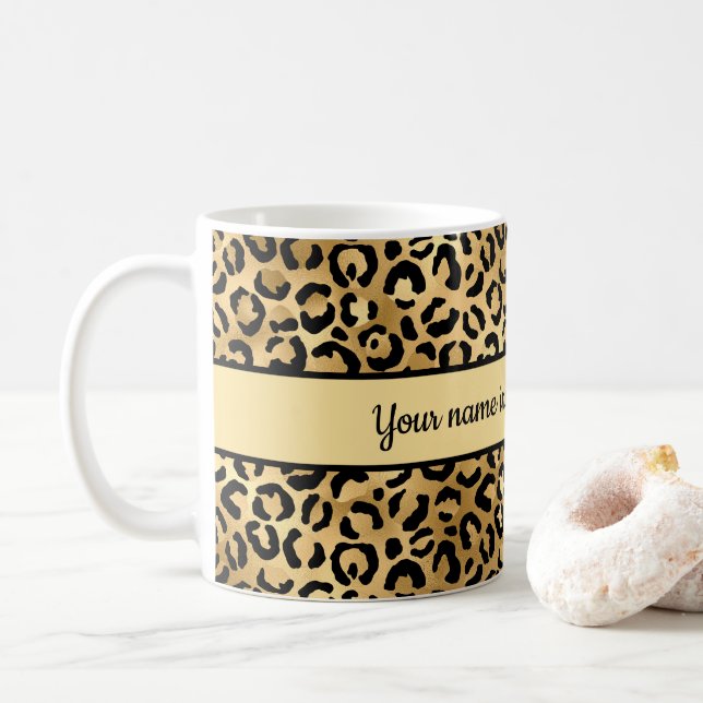 Caneca De Café Preto personalizado e Dourado Leopard Print Cheeta (Com Donut)