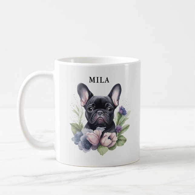 Caneca De Café Preto Personalizado Francês Pug Cachorro Aquarela (Esquerda)