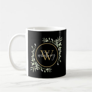 Caneca De Café Preto-Script Monograma Dourado de Verde Personaliz