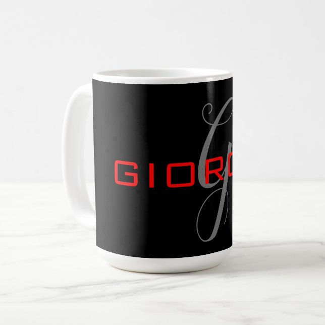 Caneca De Café Preto Vermelho Seu Nome Monograma Inicial Moderno (Frente Esquerda)