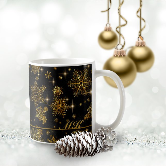 Caneca De Café Prettiest Snowflakes Padrão Preto/Dourado ID846 (Criador carregado)