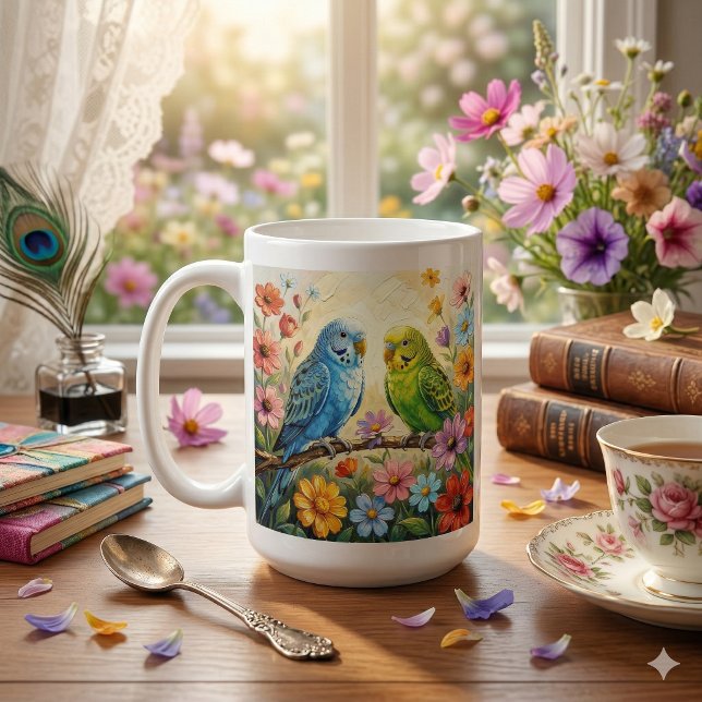 Caneca De Café Pretty  Blue and Green Parakeets Personalized (Criador carregado)