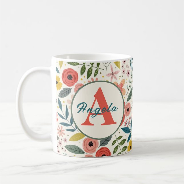 Caneca De Café Pretty Blush Pink Floral Botanical Monogram  (Esquerda)
