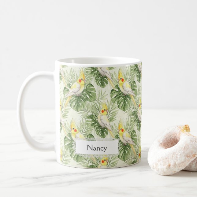 Caneca De Café Pretty Yellow and White Cockatiel Pet Bird Custom  (Com Donut)