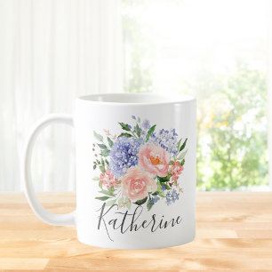 Caneca De Café Primavera Azul Cor-de-água,, Cor-de-rosa, monogram