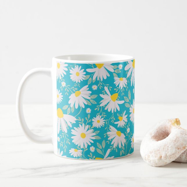 Caneca De Café Primavera Daisies - Azul Brilho (Com Donut)