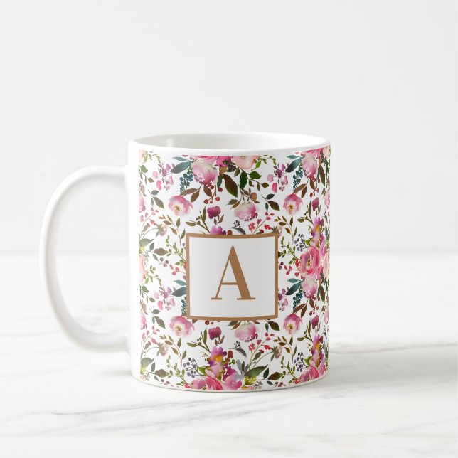 Caneca De Café Primavera de Aquarela Floral Monograma Café M (Esquerda)