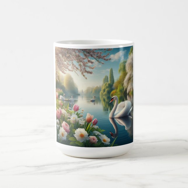 Caneca De Café Primavera do lago de swan floral (Centro)