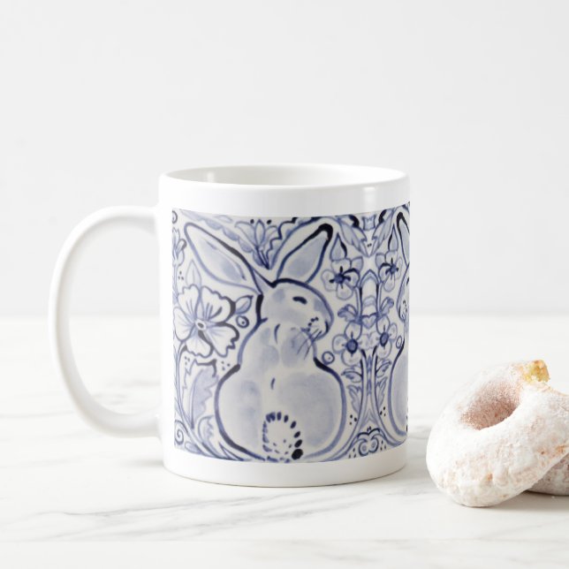 Caneca De Café Primavera Floral de Arcoelho Azul e Branco (Com Donut)