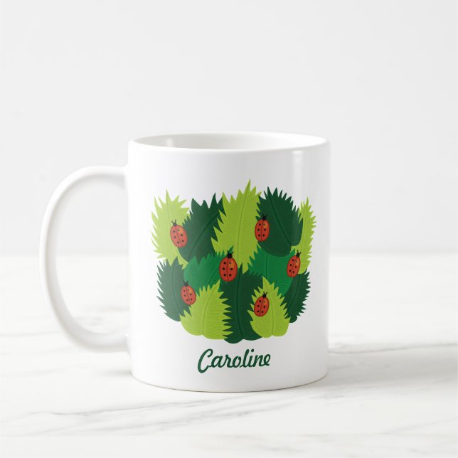 Caneca De Café Primavera - Folhas Verdes E Nome Ladybugs (Esquerda)