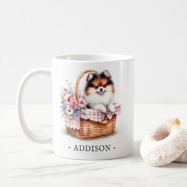 Caneca De Café Primavera Picnic Pomeranian Mug com Nome Modelo (Com Donut)