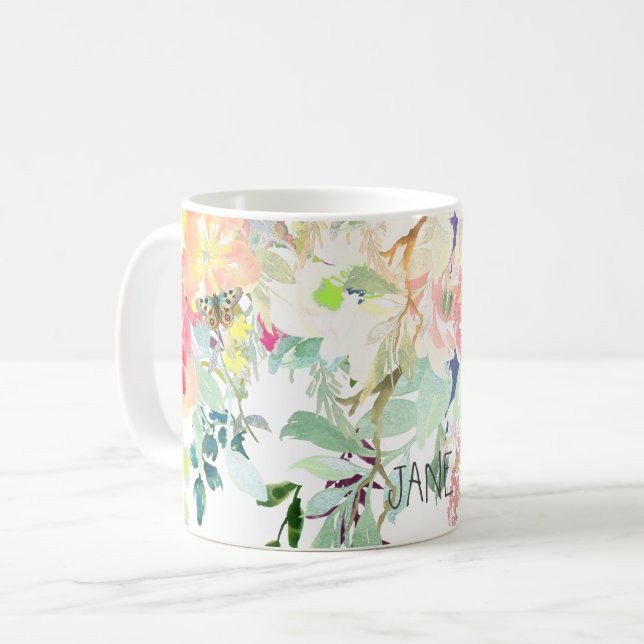 Caneca De Café Primavera PixDezines Watercolor, Peach+Mint (Frente Esquerda)