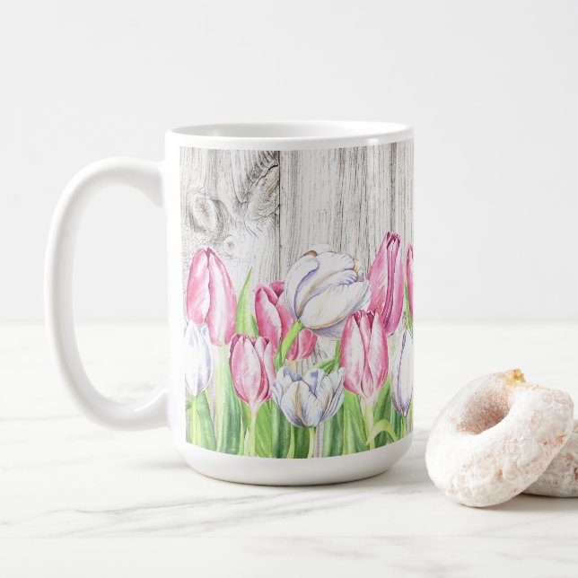 Caneca De Café Primavera Tulipas Flores na Madeira (Com Donut)