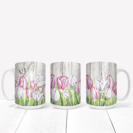 Caneca De Café Primavera Tulipas Flores na Madeira