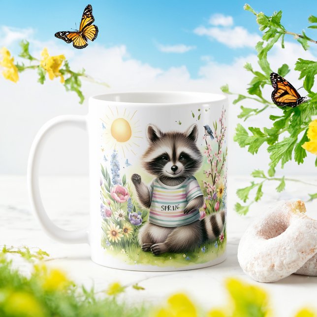 Caneca De Café Primavera Watercolor Raccoon - Kid Mug Personaliza (Criador carregado)