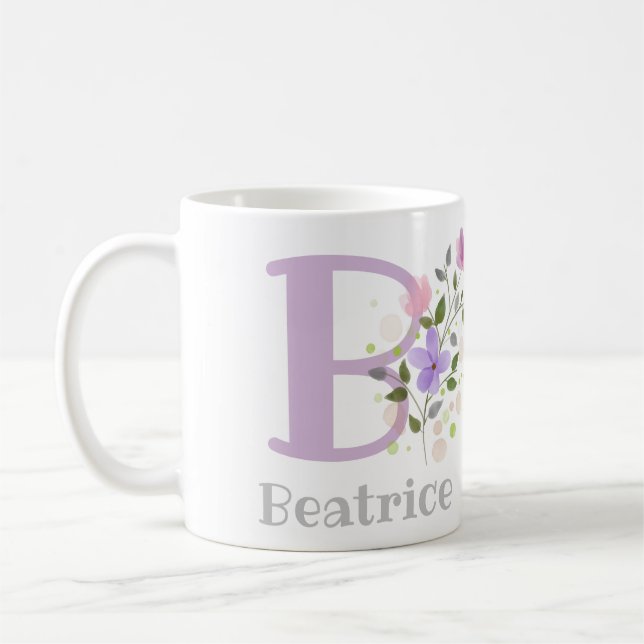 Caneca De Café Primeira Inicial Mais Nome Beatrice com Flores (Esquerda)
