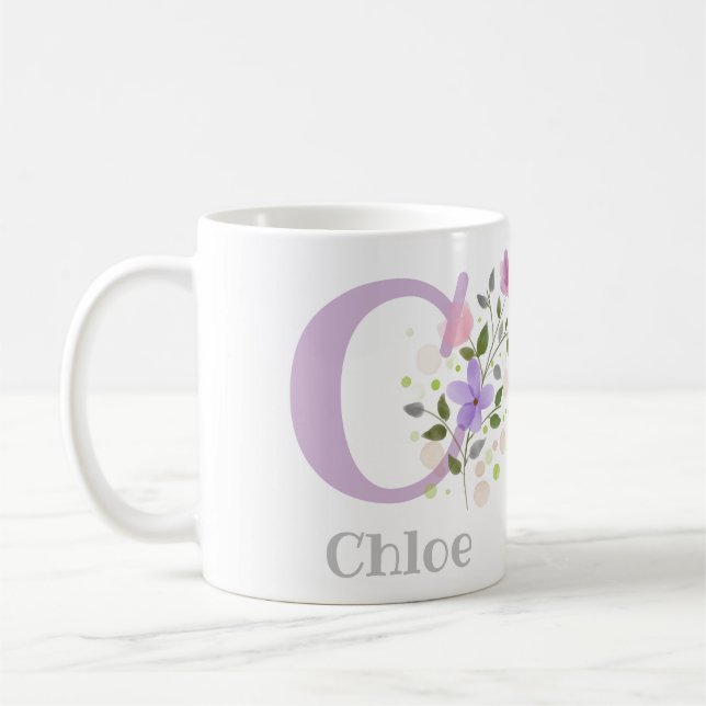 Caneca De Café Primeira Inicial Mais Nome Chloe com Flores (Esquerda)