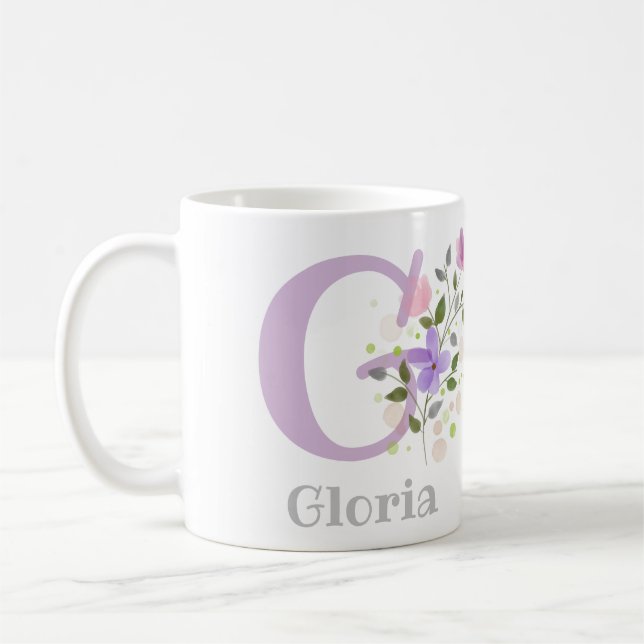 Caneca De Café Primeira Inicial Mais Nome Gloria com Flores (Esquerda)