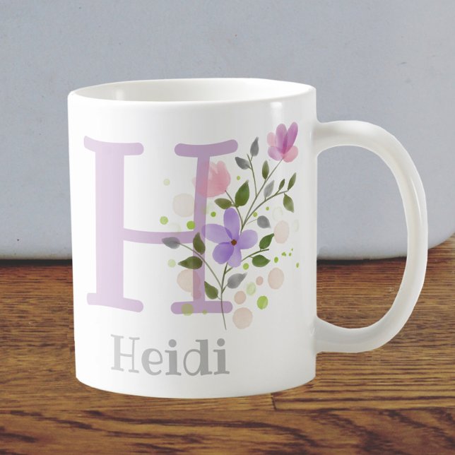 Caneca De Café Primeira Inicial Mais Nome Heidi com Flores (Criador carregado)