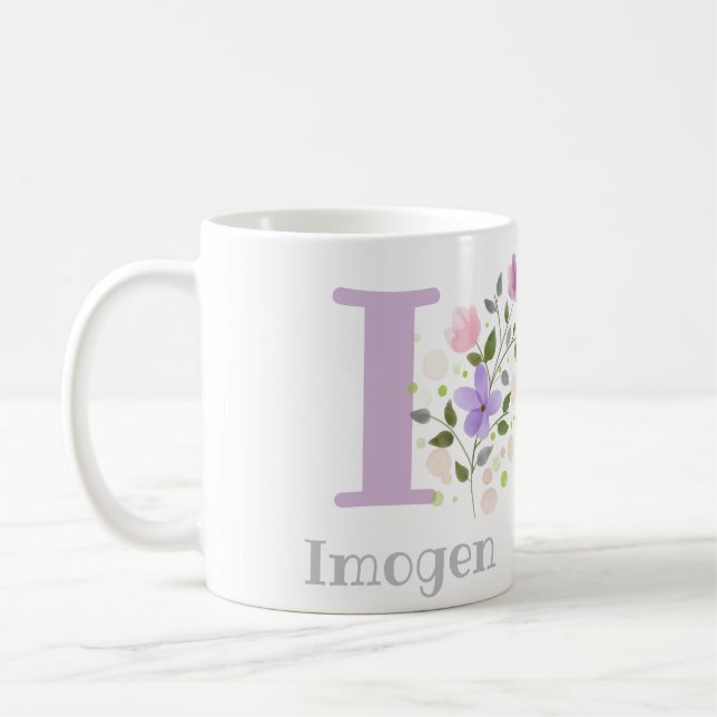 Caneca De Café Primeira Inicial Mais Nome Imogen com Flores (Esquerda)
