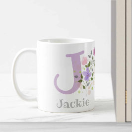 Caneca De Café Primeira Inicial Mais Nome Jackie com Flores