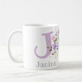 Caneca De Café Primeira Inicial Mais Nome Janine com Flores