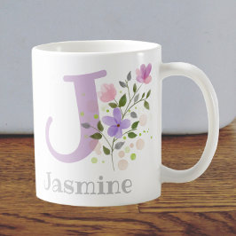 Caneca De Café Primeira Inicial Mais Nome Jasmine com Flores