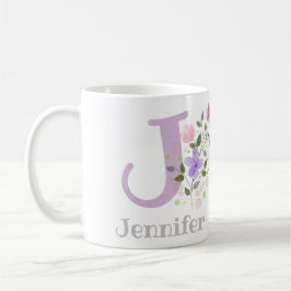 Caneca De Café Primeira Inicial Mais Nome Jennifer com Flores