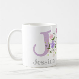 Caneca De Café Primeira Inicial Mais Nome Jessica com Flores