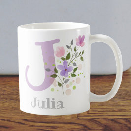 Caneca De Café Primeira Inicial Mais Nome Julia com Flores