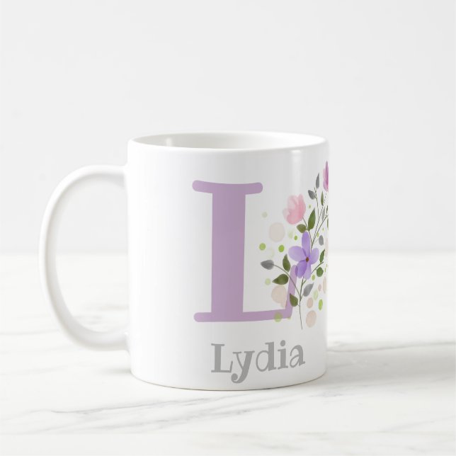 Caneca De Café Primeira Inicial Mais Primeiro Nome com Flores (Esquerda)