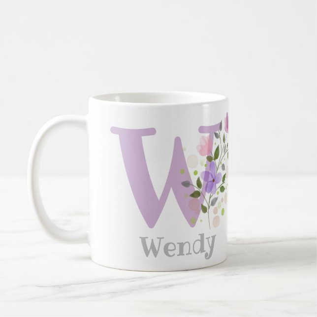 Caneca De Café Primeira inicial mais primeiro nome com flores (Esquerda)