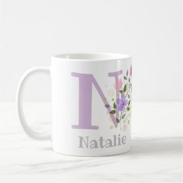Caneca De Café Primeira inicial mais primeiro nome com flores