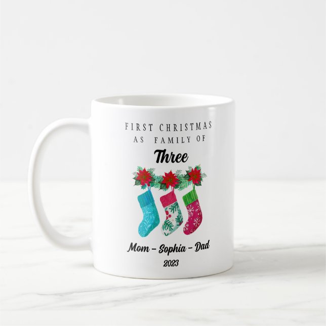 Caneca De Café Primeiro Natal Personalizado como Família dos Três (Esquerda)