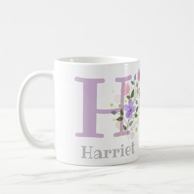 Caneca De Café Primeiro Nome Inicial Mais Harriet com Flores (Esquerda)