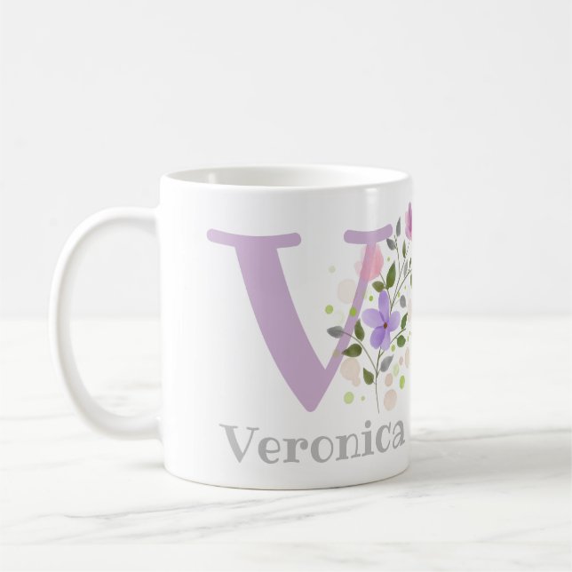 Caneca De Café Primeiro Nome Inicial Plus com Flores (Esquerda)