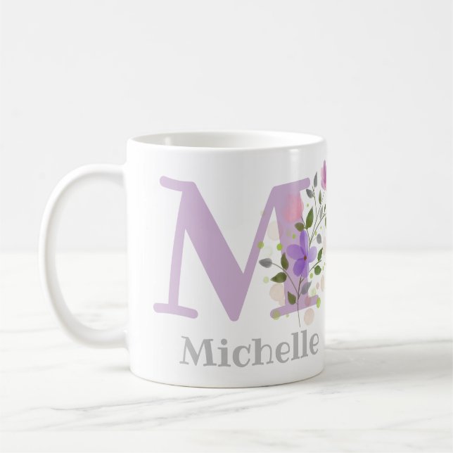 Caneca De Café Primeiro Nome Inicial Plus com Flores (Esquerda)