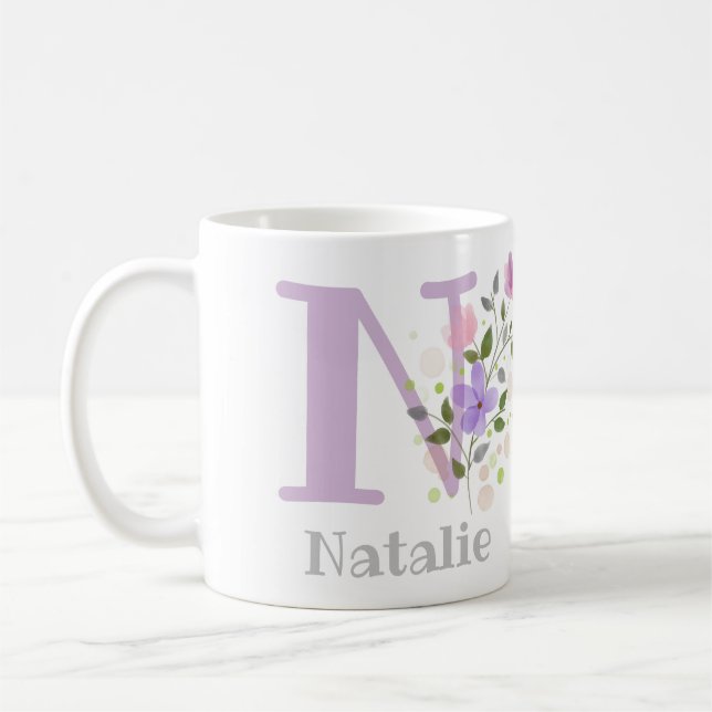 Caneca De Café Primeiro Nome Inicial Plus com Flores (Esquerda)