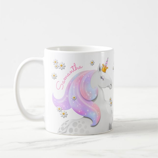 Caneca De Café Princesa de Unicórnio Rosa, Brilhante, com Daises  (Esquerda)