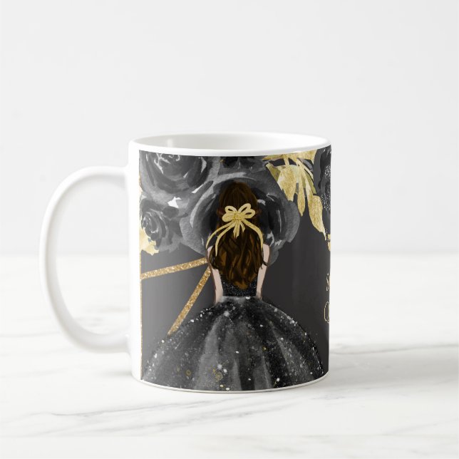 Caneca De Café Princesa Floral Dourada Elegante Quinceanera (Esquerda)