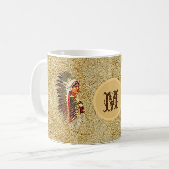 Caneca De Café Princesa Indiana Nativa Americana. Monograma (Frente Esquerda)