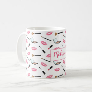 Caneca De Café Produtos de Maquiagem e Lábios Rosas Nome Personal