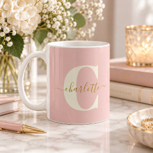 Caneca De Café Proposta de Dama de Honra Rosa Bege Dourado Monogr