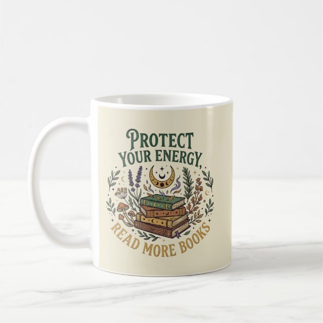Caneca De Café Proteja Sua Energia Leia Mais Livros Celestiais (Esquerda)